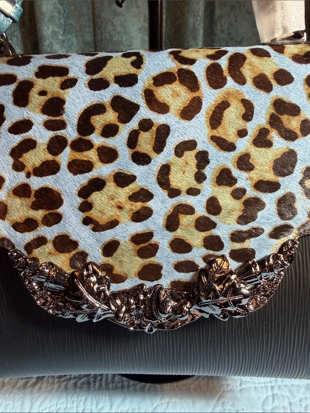 Sharif Blue and Leopard-Calf Hair Print Top-Handle Satchel - Picture 2 of 15